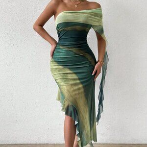 Green multicolor Women's Ombre Print One-Shoulder Ruched Ruffle Maxi Dress